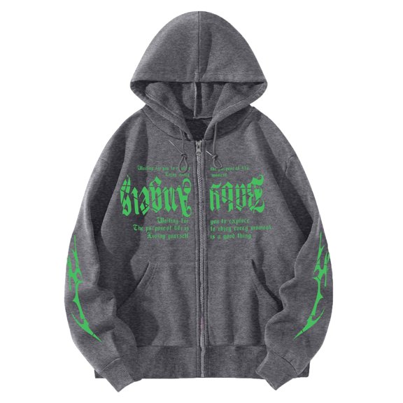 Womens Oversized Hoodies Gothic Hip Hop Letter Print Zip Up Hooded Jacket With Pocket Vintage Streetwear Winter Y2k Clothes GY2