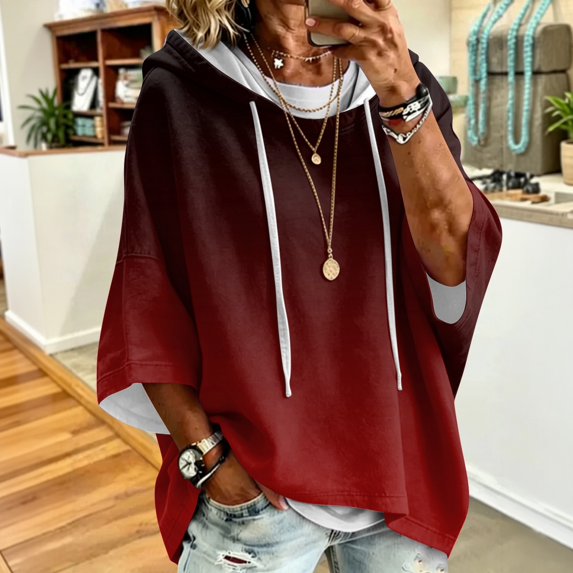 Womens Oversized Hoodies Gradient Printed 3/4 Sleeve Hooded Pullover Sweatshirt Baggy Relaxed Fit Casual Fall Winter Daily Outfit Tops