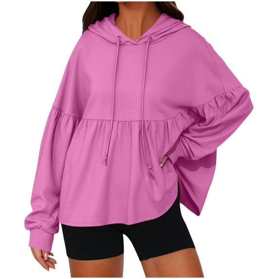 Womens Oversized Hoodies, Long Sleeve Pullover for Women Fall Fashion Loose Fit Solid Color Ruffle Hooded Sweatshirts