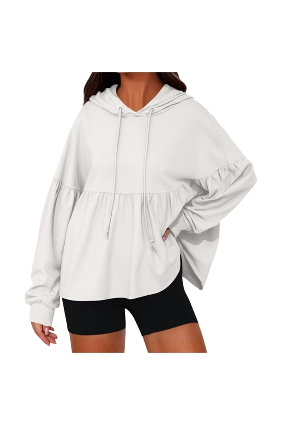 Womens Oversized Hoodies, Long Sleeve Pullover for Women Fall Fashion Loose Fit Solid Color Ruffle Hooded Sweatshirts