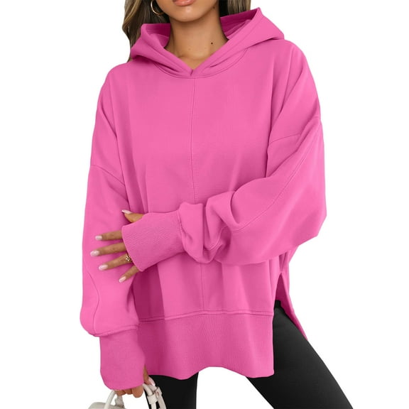 Womens Oversized Hoodies Long Sleeve Side Slit Hooded Sweatshirts Pullover 2025 Fall Outfits Y2K Clothes Hot Pink L