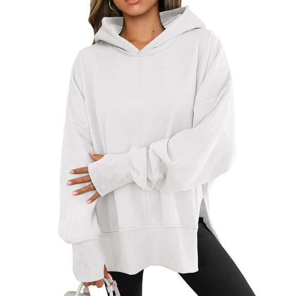 Womens Oversized Hoodies Long Sleeve Side Slit Hooded Sweatshirts Pullover 2025 Fall Outfits Y2K Clothes White L