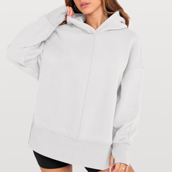 Womens Oversized Hoodies Long Sleeve Side Slit Hooded Thumb Hole Sweatshirts Pullover 2025 Fall Outfit Y2K Clothes White L