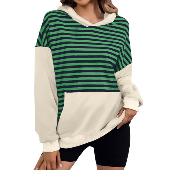 Womens Oversized Hoodies Long Sleeve Striped Color Block Sweatshirt Loose Lightweight Hoodie Pullover with Pockets