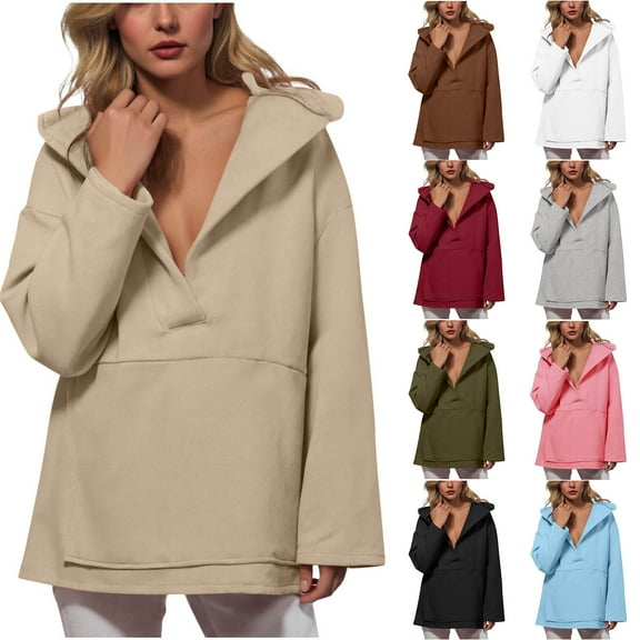 Womens Oversized Hoodies Long Sleeve V Neck Fleece Sweatshirts Pullover Casual Loose Y2K Clothes Fall Trendy Outfits