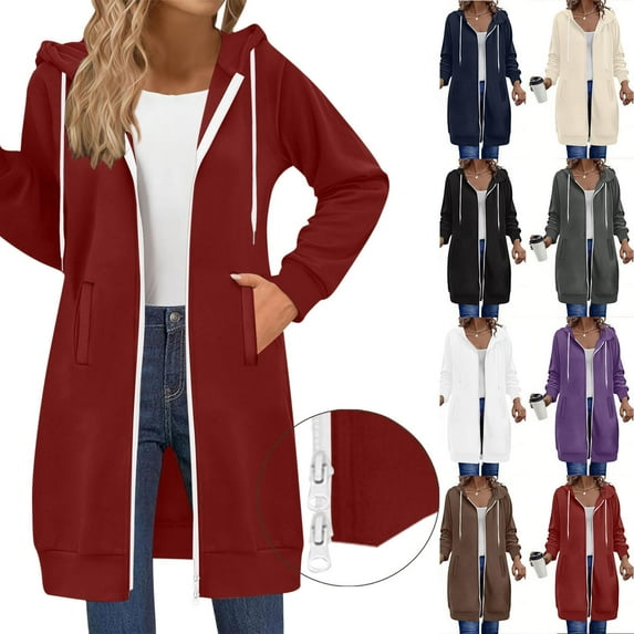 Womens Oversized Hoodies Loose Solid Color Pocket Long Sleeved Double Zipper Sweatshirts Fall Fashion 2025 Sweaters Winter Clothes Red S