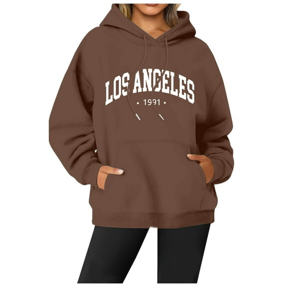 Womens Oversized Hoodies Los Angelas Letter Graphic Long Sleeve Pullover Sweatshirts Drawstring Casual Loose Tops with Pocket