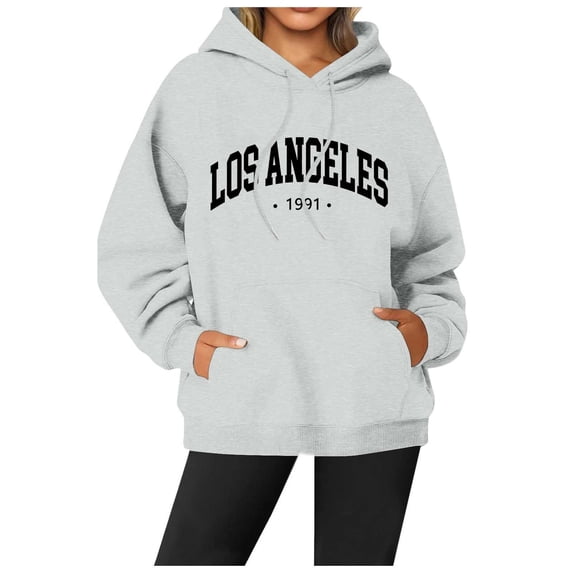 Womens Oversized Hoodies Los Angelas Letter Graphic Long Sleeve Pullover Sweatshirts Drawstring Casual Loose Tops with Pocket
