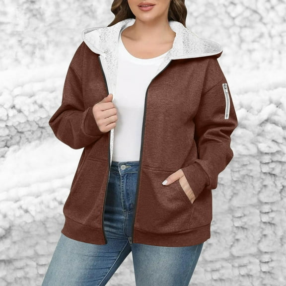 Womens Oversized Hoodies Ndbuld Women's Fashion Large Size Solid Color Zipper Hooded Plus Velvet Thickened Sweater Drop Shoulder Long Sleeve Jacket Brown L