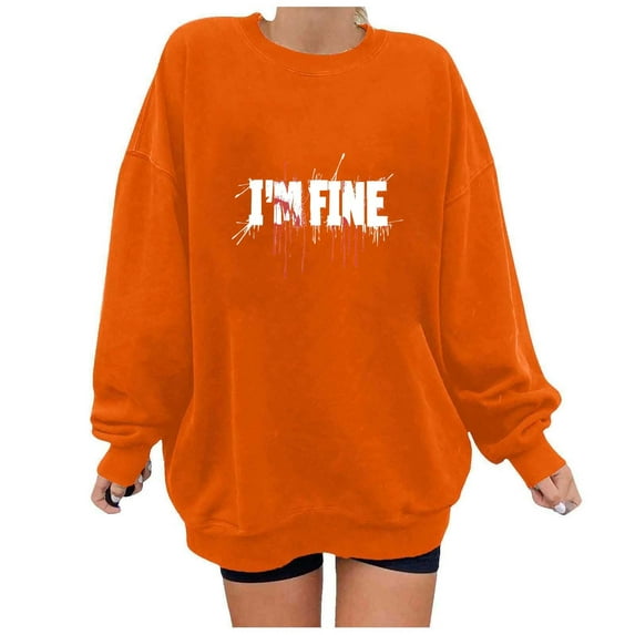 Womens Oversized Hoodies Ndbuld Women's Printed Off Shoulder Hoodless Sweatshirt With Round Neck And Long Sleeved Top Orange L