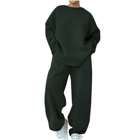 Womens Oversized Hoodies Set Casual Long Sleeve Round Neck Plus Size Solid Color Thickened Green Fall Fashion Sweatpants with Pockets ( 2XL )
