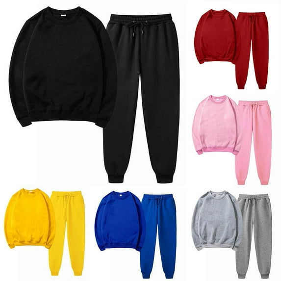 Womens Oversized Hoodies Set Solid Color Round Neck Pullover Casual Sports Black Fall Fashion Sweatpants with Pockets S-3XL