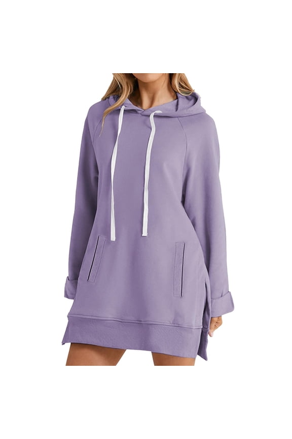 Womens Oversized Hoodies Solid Side Slit Mid-Length Hooded Drawstring With Pocket Lightweight Sweatshirts Light Purple