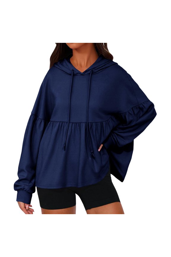 Womens Oversized Hoodies Sweatshirts Casual Long Sleeve Drawstring Peplum Hem Loose Hooded Pullover
