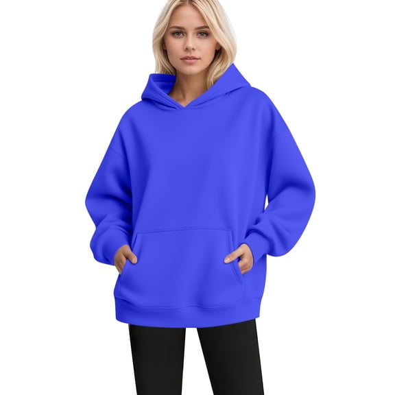Womens Oversized Hoodies Sweatshirts Fall Fashion Pullover Solid Color Tops Winter Clothes Royal Blue M