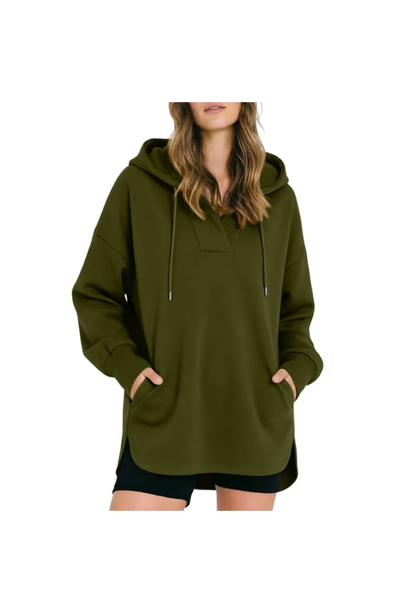Womens Oversized Hoodies V Neck Long Sleeve Pullover Sweatshirts Fall Winter Fashion Hooded Clothes with Pocket