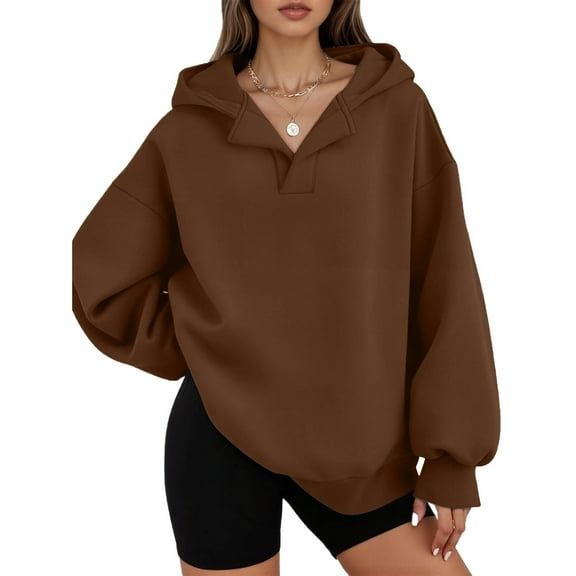 Womens Oversized Hoodies V Neck Sweatshirts Long Sleeve Pullover Loose Clothes 2025 Fall Trendy Tops Brown S