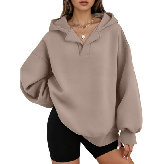Womens Oversized Hoodies V Neck Sweatshirts Long Sleeve Pullover Loose Clothes 2025 Fall Trendy Tops Khaki S