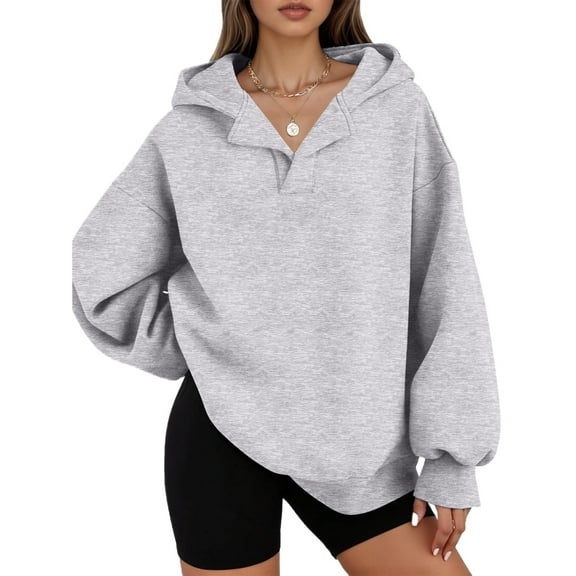 Womens Oversized Hoodies V Neck Sweatshirts Long Sleeve Pullover Loose Clothes 2025 Fall Trendy Tops Light Gray S