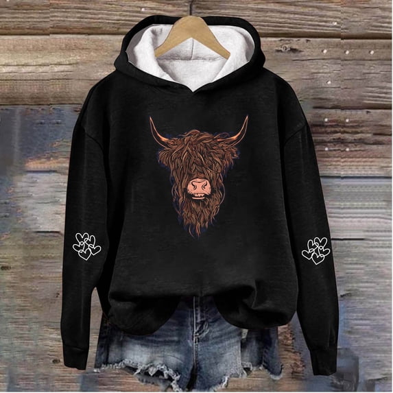Womens Oversized Hoodies Vintage Highland Cow Head Graphic Hooded Sweatshirt Drop Shoulder Streetwear Casual Pullover Tops Fall Winter Clothes Black L