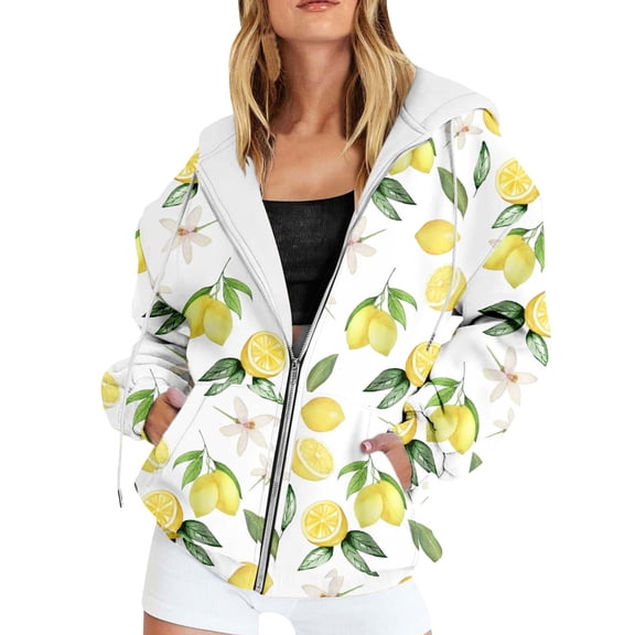 Womens Oversized Hoodies Zip Up Casual Fruit Print Graphic Fleece Jacket with Pocket Loose Fit Hooded Sweatshirts