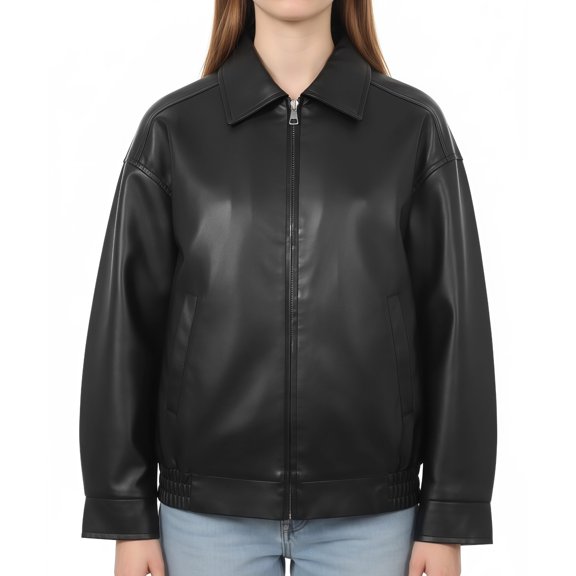 Womens Oversized Jacket, Fall Fashion Motorcycle Coat, Y2K Style Biker Jacket, Black Loose-Fit PU Leather