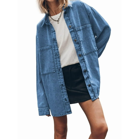 Womens Oversized Jean Jacket Casual Button Up Denim Overshirt Trendy Long Sleeve Denim Jacket Coat Dark Blue XXL