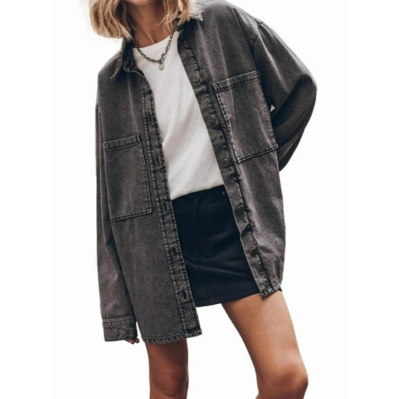 Womens Oversized Jean Jacket Casual Button Up Denim Overshirt Trendy Long Sleeve Denim Jacket Coat Dark Gray M
