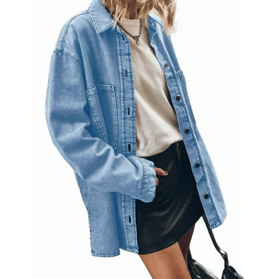 Womens Oversized Jean Jacket Casual Button Up Denim Overshirt Trendy Long Sleeve Denim Jacket Coat Light Blue S