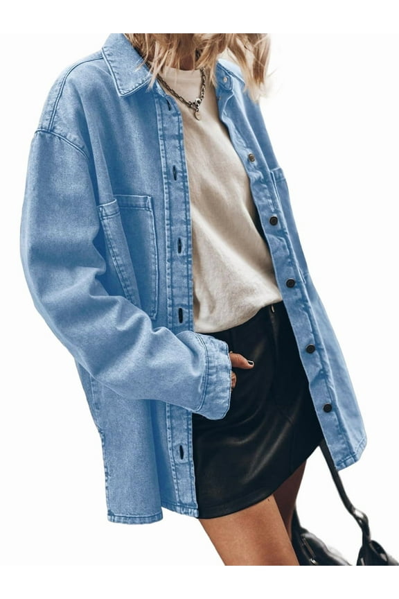 Womens Oversized Jean Jacket Casual Button Up Denim Overshirt Trendy Long Sleeve Denim Jacket Coat Light Blue S