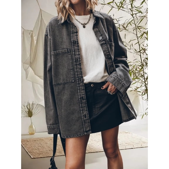 Womens Oversized Jean Jacket Casual Button Up Denim Overshirt Trendy Long Sleeve Denim Jacket Coat