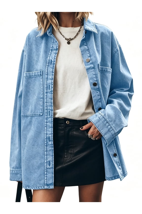 Womens Oversized Jean Jacket Casual Button Up Denim Overshirt Trendy Long Sleeve Denim Jacket Coat