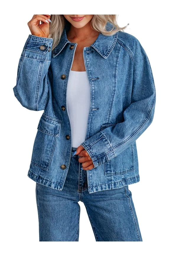 Womens Oversized Jean Jacket Casual Long Sleeve Button Down Denim Jacket Fall Coat Blue L
