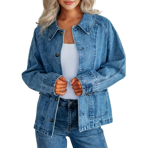 Womens Oversized Jean Jacket Casual Long Sleeve Button Down Denim Jacket Fall Coat Blue XL