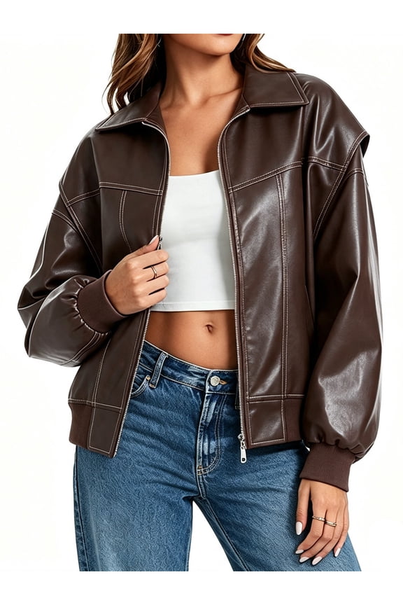 Womens Oversized Leather Bomber Jackets Cap Sleeve Zip Up Motorcycle Coats with Pockets
