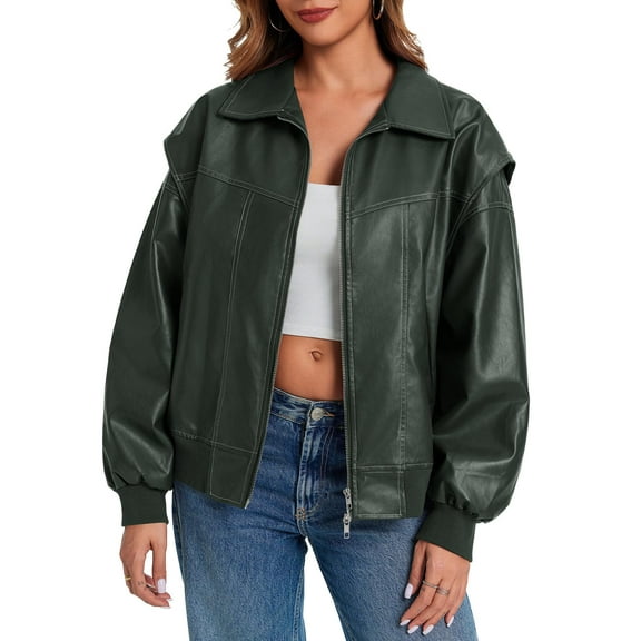 Womens Oversized Leather Bomber Jackets Cap Sleeve Zip Up Motorcycle Coats with Pockets