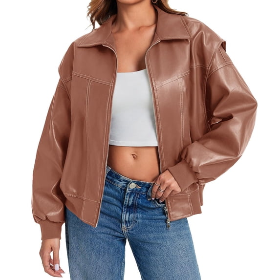 Womens Oversized Leather Bomber Jackets Cap Sleeve Zip Up Motorcycle Coats with Pockets