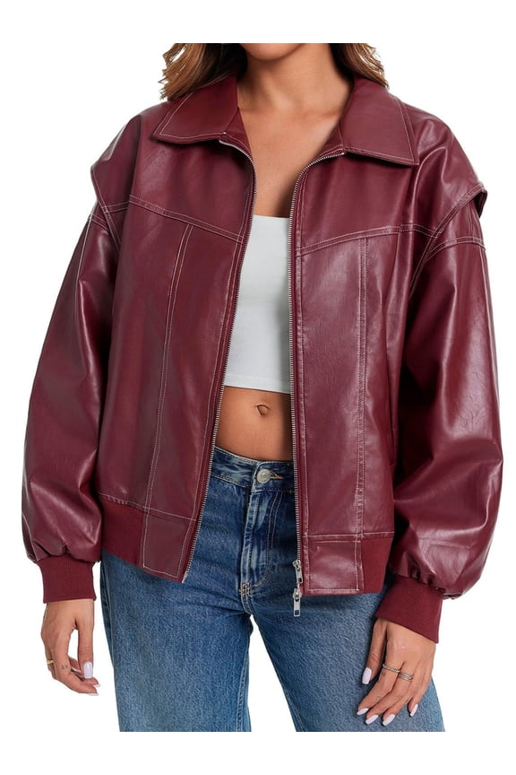 Womens Oversized Leather Bomber Jackets Cap Sleeve Zip Up Motorcycle Coats with Pockets