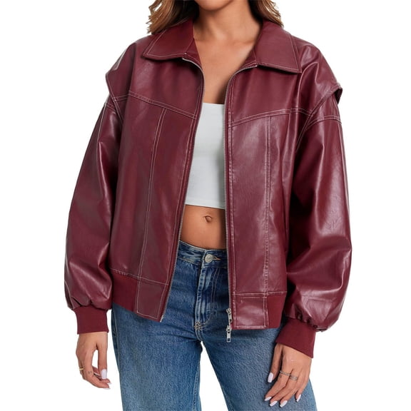 Womens Oversized Leather Bomber Jackets Cap Sleeve Zip Up Motorcycle Coats with Pockets