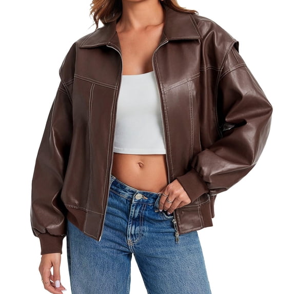 Womens Oversized Leather Bomber Jackets Cap Sleeve Zip Up Motorcycle Coats with Pockets