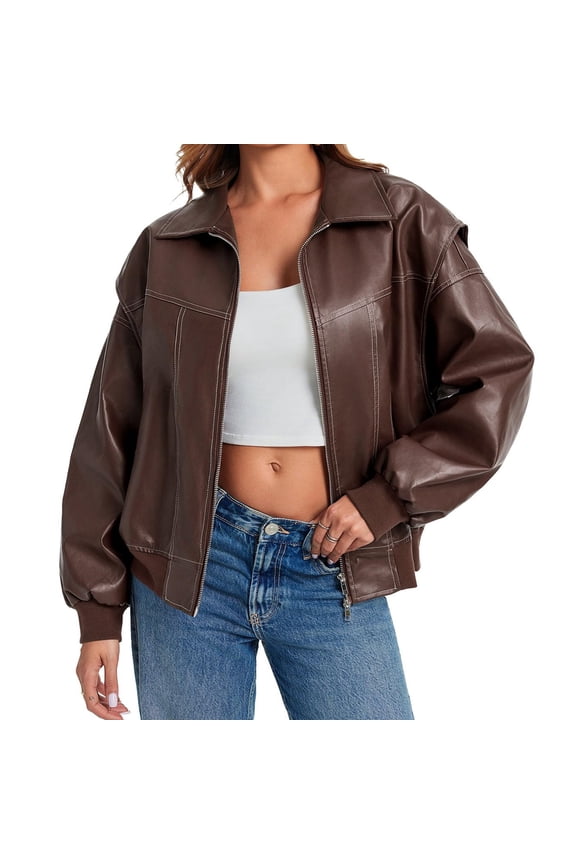 Womens Oversized Leather Bomber Jackets Cap Sleeve Zip Up Motorcycle Coats with Pockets