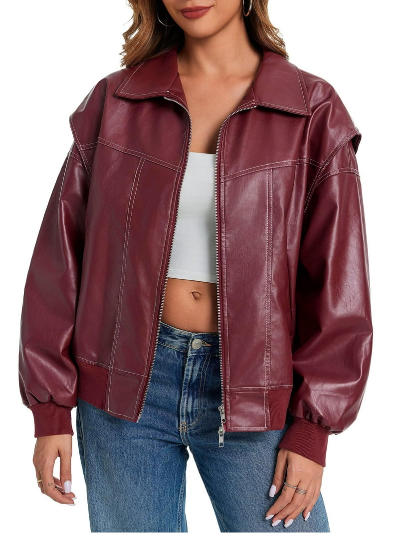 Womens Oversized Leather Bomber Jackets Cap Sleeve Zip Up Motorcycle Coats with Pockets