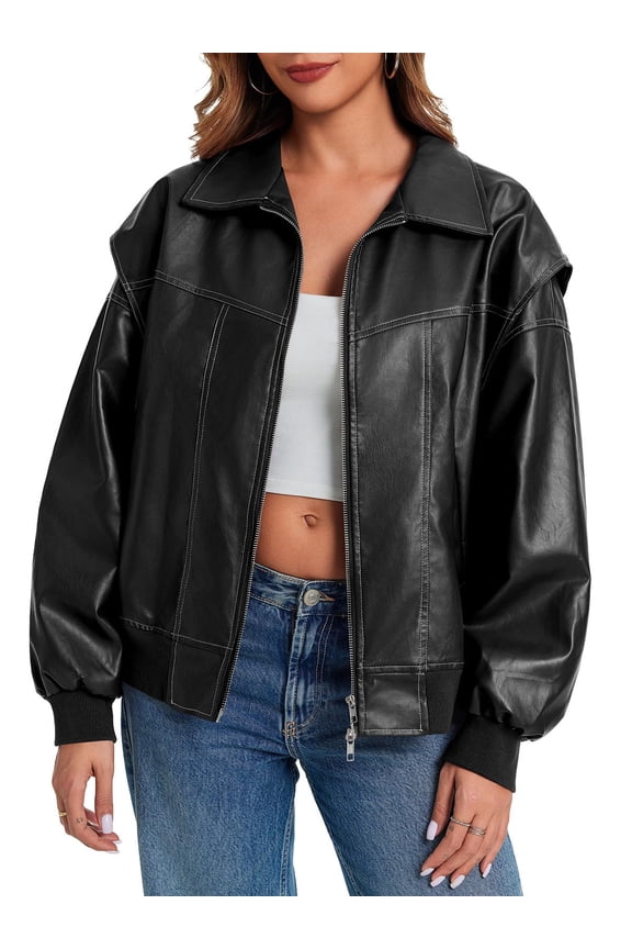 Womens Oversized Leather Bomber Jackets Cap Sleeve Zip Up Motorcycle Coats with Pockets