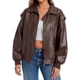 thumbnail image 1 of Womens Oversized Leather Bomber Jackets Cap Sleeve Zip Up Motorcycle Coats with Pockets, 1 of 6