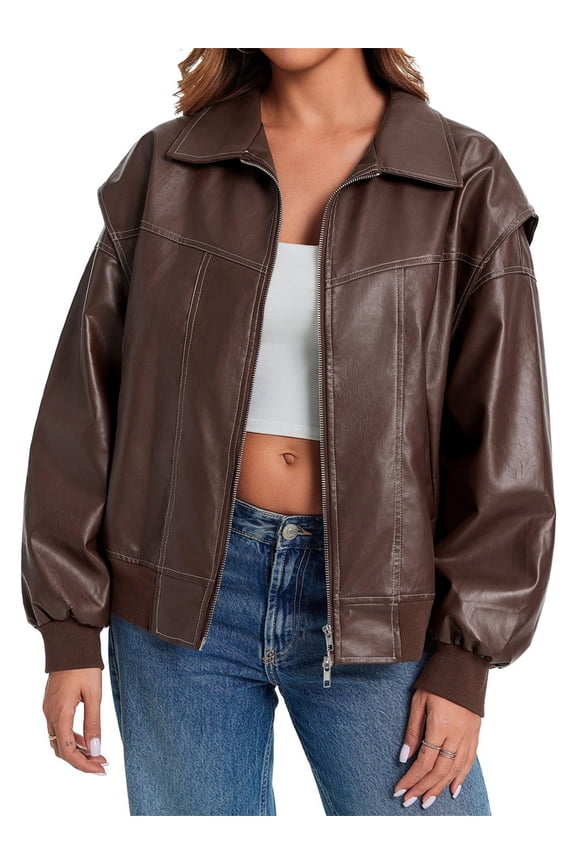 Womens Oversized Leather Bomber Jackets Cap Sleeve Zip Up Motorcycle Coats with Pockets