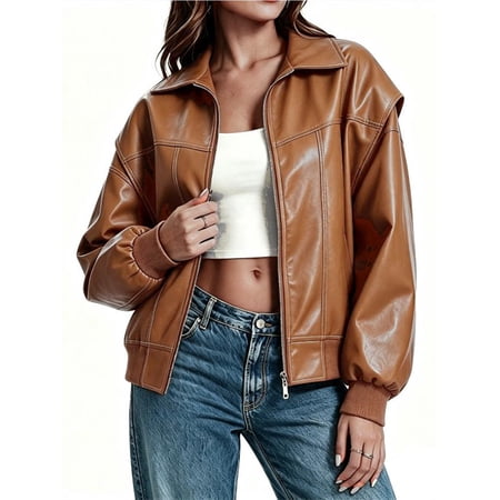 Womens Oversized Leather Bomber Jackets Cap Sleeve Zip Up Motorcycle Coats with Pockets