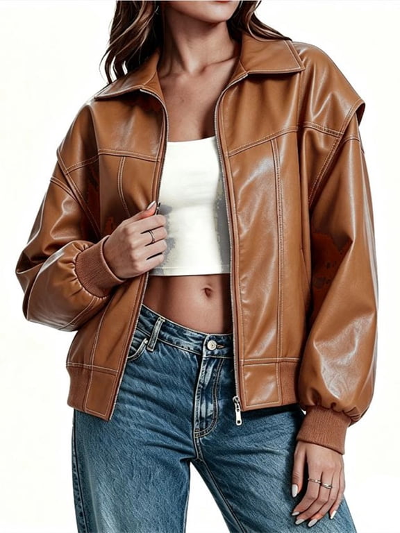 Womens Oversized Leather Bomber Jackets Cap Sleeve Zip Up Motorcycle Coats with Pockets