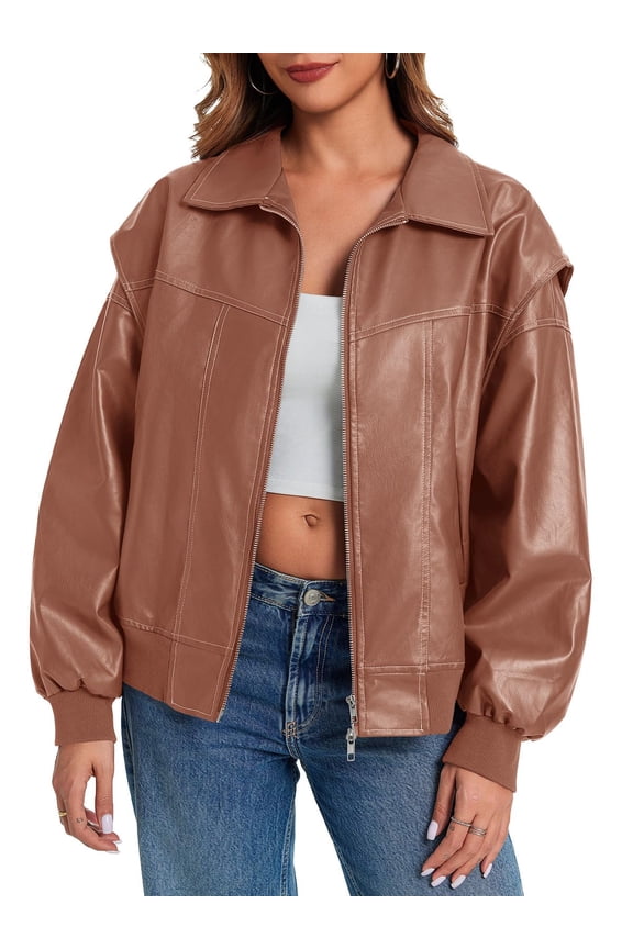 Womens Oversized Leather Bomber Jackets Cap Sleeve Zip Up Motorcycle Coats with Pockets