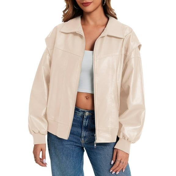 Womens Oversized Leather Bomber Jackets Cap Sleeve Zip Up Motorcycle Coats with Pockets