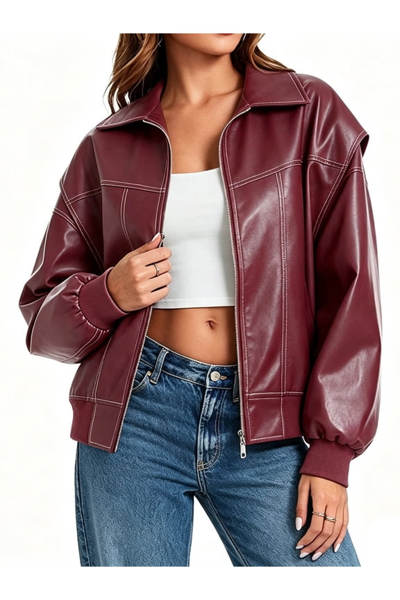 Womens Oversized Leather Bomber Jackets Cap Sleeve Zip Up Motorcycle Coats with Pockets